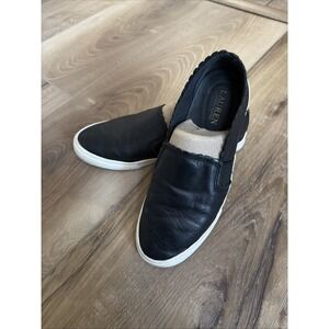 Lauren Ralph Lauren Jinny Leather Slip On Sneakers‎ 8 Black Minimalist Comfort